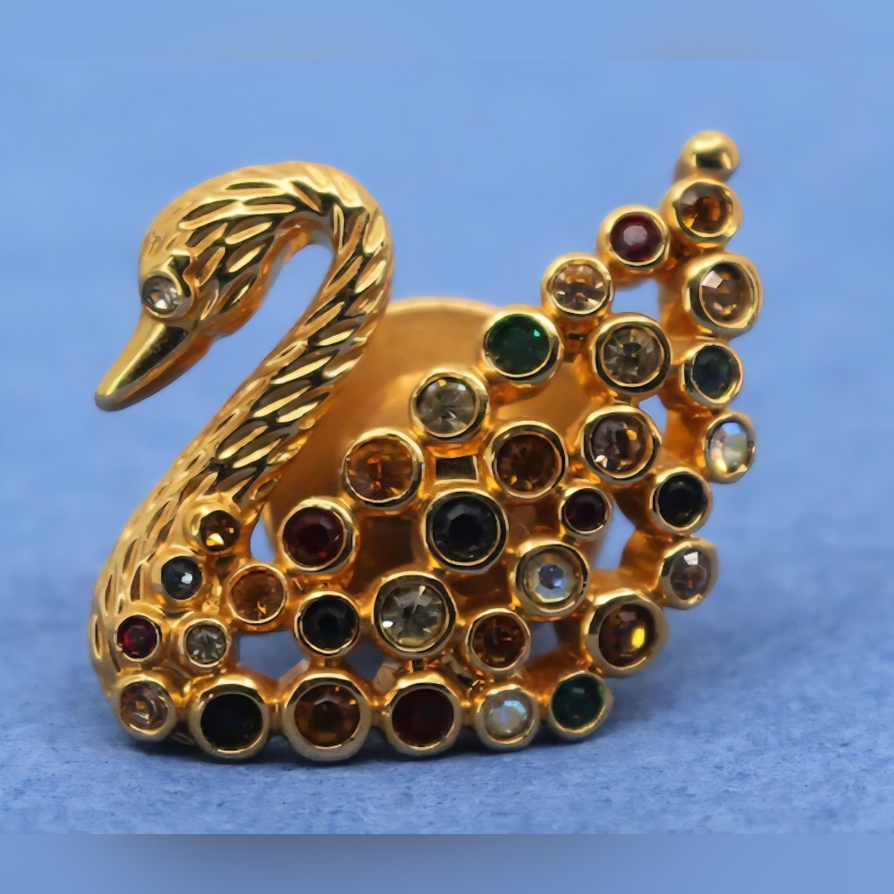 Swarovski Swan Signed Multi Color Crystal Gold Tone Pin Brooch